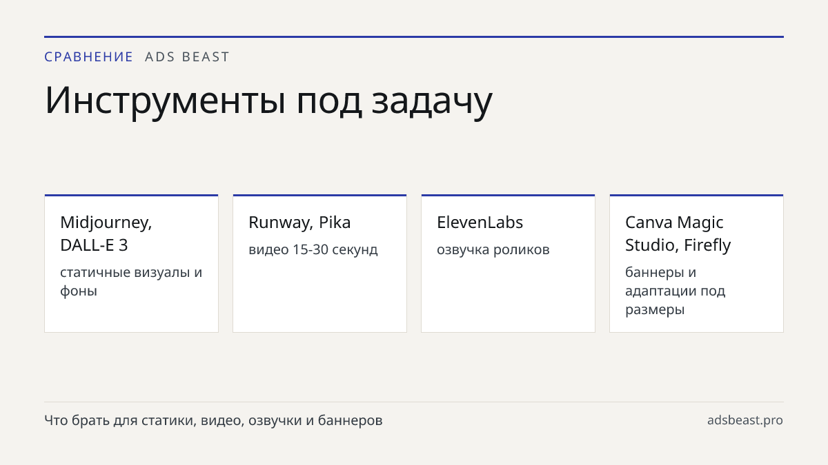 Инструменты под задачу. Midjourney, DALL-E 3: статичные визуалы и фоны; Runway, Pika: видео 15-30 секунд; ElevenLabs: озвучка роликов; Canva Magic Studio, Firefly: баннеры и адаптации под размеры