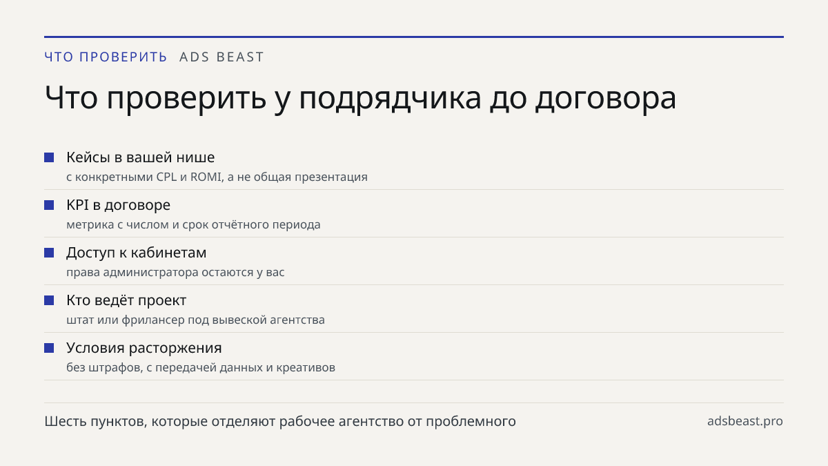 Что проверить у подрядчика до договора. Кейсы в вашей нише: с конкретными CPL и ROMI, а не общая презентация; KPI в договоре: метрика с числом и срок отчётного периода; Доступ к кабинетам: права администратора остаются у вас; Кто ведёт проект: штат или фрилансер под вывеской агентства; Условия расто