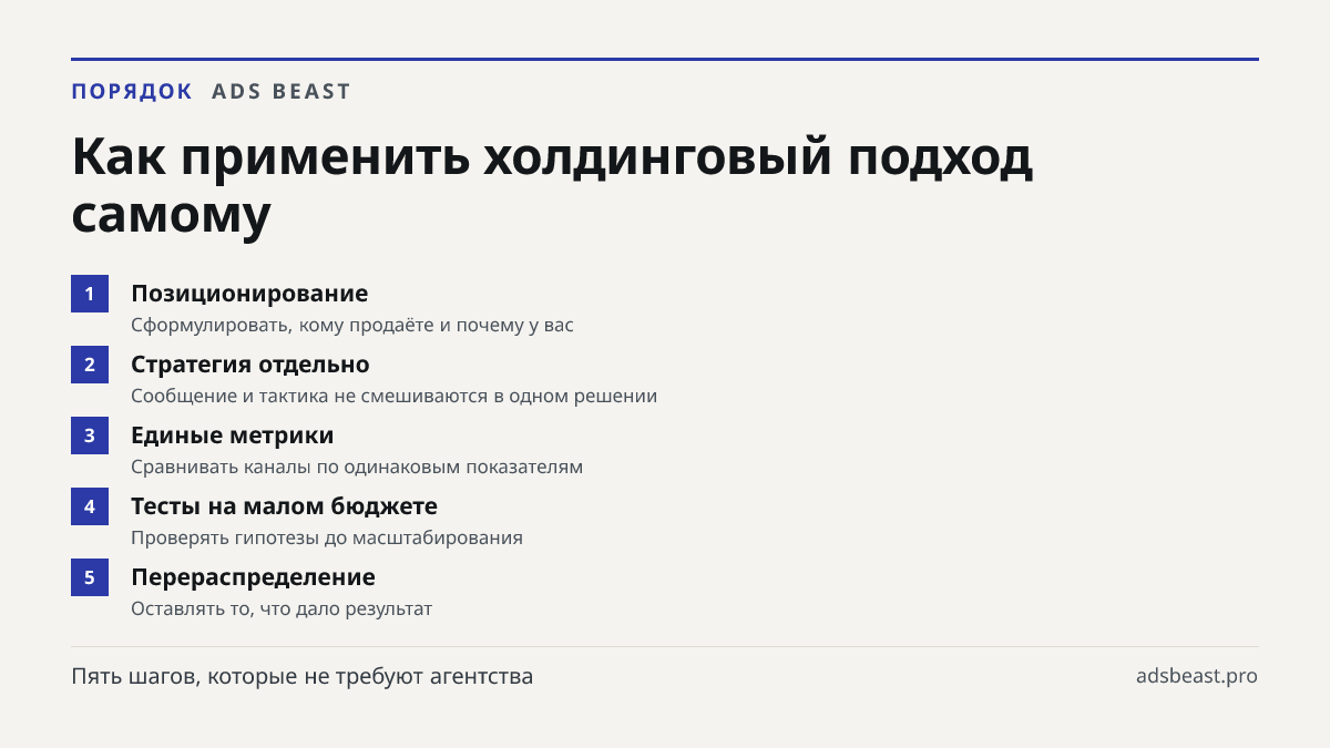 Как применить холдинговый подход самому. Позиционирование: Сформулировать, кому продаёте и почему у вас; Стратегия отдельно: Сообщение и тактика не смешиваются в одном решении; Единые метрики: Сравнивать каналы по одинаковым показателям; Тесты на малом бюджете: Проверять гипотезы до масштабирования;