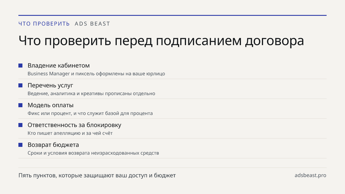 Что проверить перед подписанием договора. Владение кабинетом: Business Manager и пиксель оформлены на ваше юрлицо; Перечень услуг: Ведение, аналитика и креативы прописаны отдельно; Модель оплаты: Фикс или процент, и что служит базой для процента; Ответственность за блокировку: Кто пишет апелляцию и 