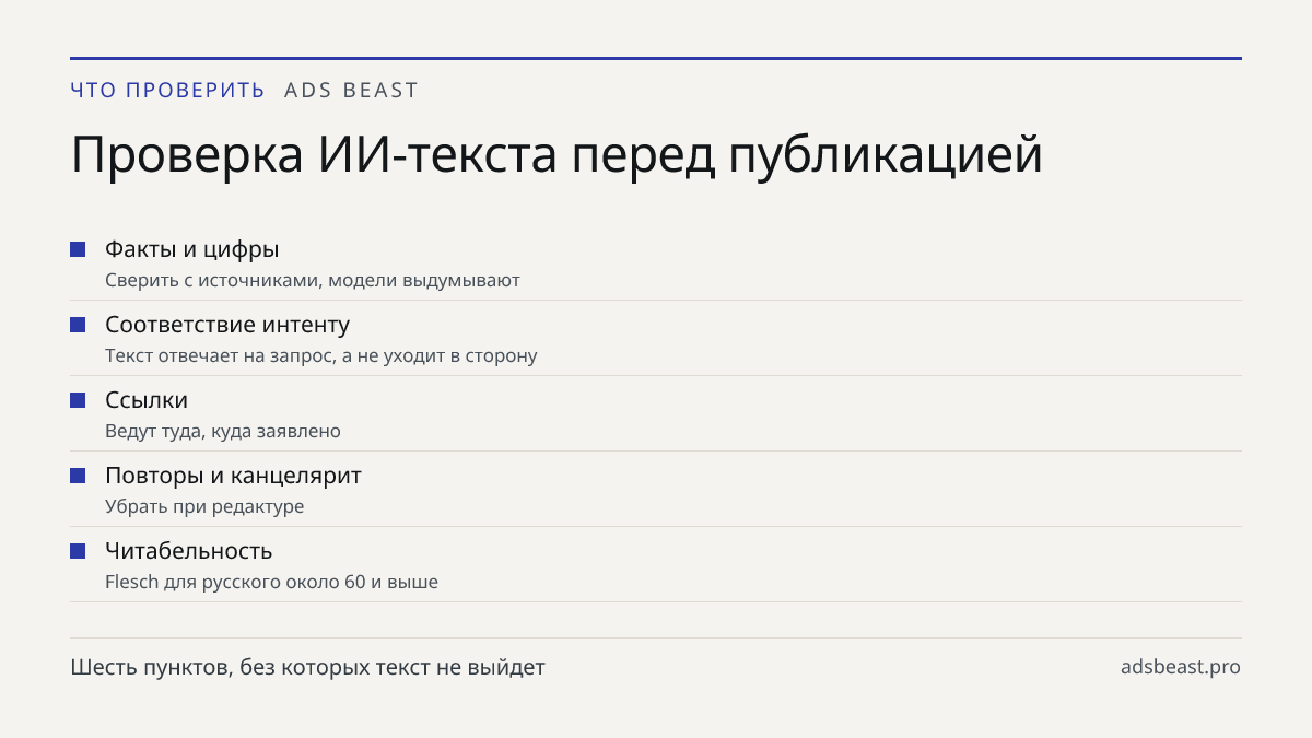 Проверка ИИ-текста перед публикацией. Факты и цифры: Сверить с источниками, модели выдумывают; Соответствие интенту: Текст отвечает на запрос, а не уходит в сторону; Ссылки: Ведут туда, куда заявлено; Повторы и канцелярит: Убрать при редактуре; Читабельность: Flesch для русского около 60 и выше
