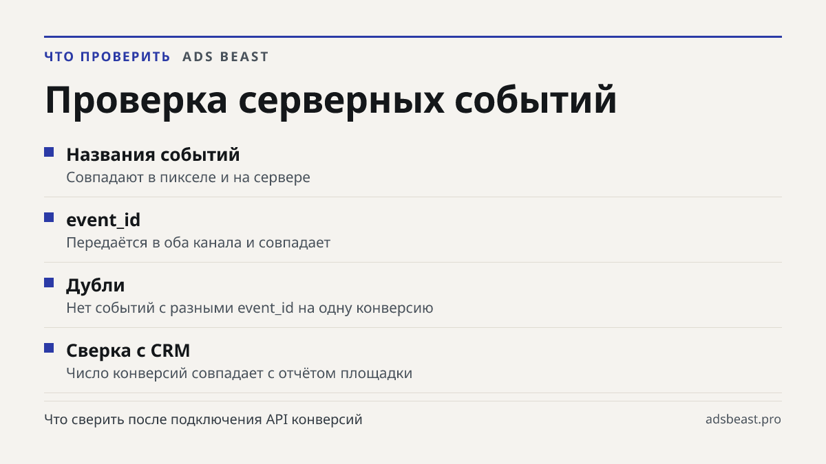 Проверка серверных событий. Названия событий: Совпадают в пикселе и на сервере; event_id: Передаётся в оба канала и совпадает; Дубли: Нет событий с разными event_id на одну конверсию; Сверка с CRM: Число конверсий совпадает с отчётом площадки