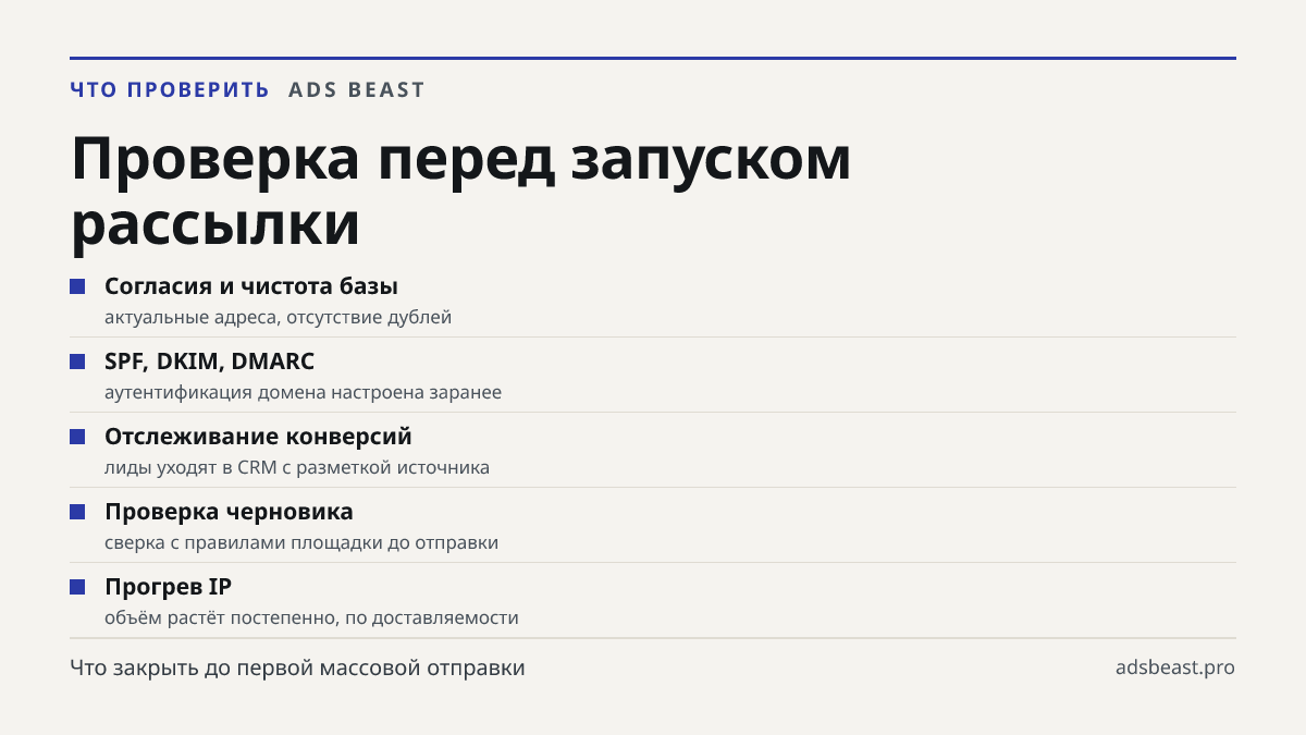 Проверка перед запуском рассылки. Согласия и чистота базы: актуальные адреса, отсутствие дублей; SPF, DKIM, DMARC: аутентификация домена настроена заранее; Отслеживание конверсий: лиды уходят в CRM с разметкой источника; Проверка черновика: сверка с правилами площадки до отправки; Прогрев IP: объём 