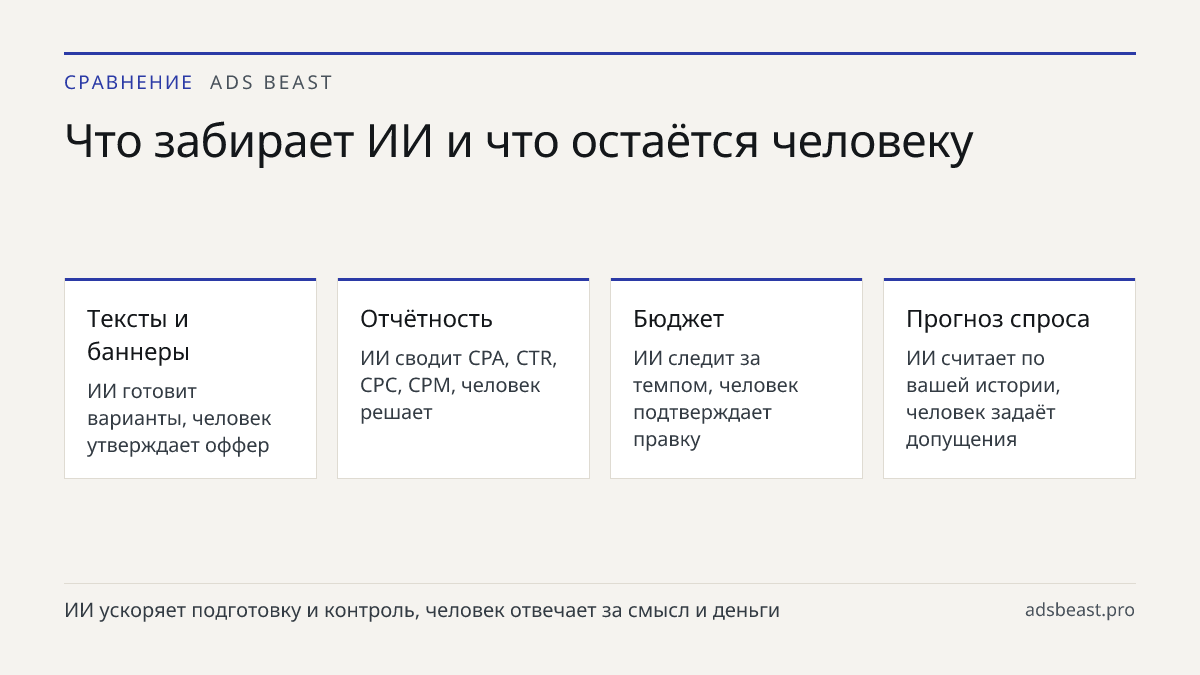 Что забирает ИИ и что остаётся человеку. Тексты и баннеры: ИИ готовит варианты, человек утверждает оффер; Отчётность: ИИ сводит CPA, CTR, CPC, CPM, человек решает; Бюджет: ИИ следит за темпом, человек подтверждает правку; Прогноз спроса: ИИ считает по вашей истории, человек задаёт допущения