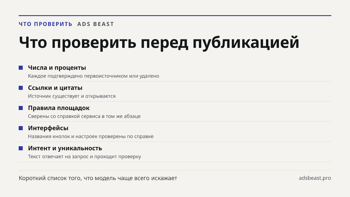 Что проверить перед публикацией. Числа и проценты: Каждое подтверждено первоисточником или удалено; Ссылки и цитаты: Источник существует и открывается; Правила площадок: Сверены со справкой сервиса в том же абзаце; Интерфейсы: Названия кнопок и настроек проверены по справке; Интент и уникальность: Т