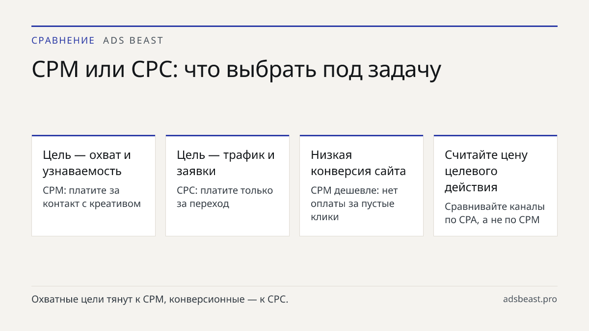 CPM или CPC: что выбрать под задачу. Цель — охват и узнаваемость: CPM: платите за контакт с креативом; Цель — трафик и заявки: CPC: платите только за переход; Низкая конверсия сайта: CPM дешевле: нет оплаты за пустые клики; Считайте цену целевого действия: Сравнивайте каналы по CPA, а не по CPM