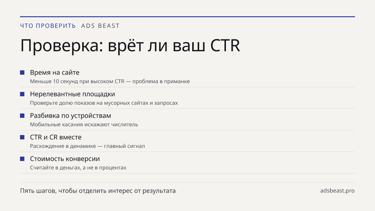 Проверка: врёт ли ваш CTR. Время на сайте: Меньше 10 секунд при высоком CTR — проблема в приманке; Нерелевантные площадки: Проверьте долю показов на мусорных сайтах и запросах; Разбивка по устройствам: Мобильные касания искажают числитель; CTR и CR вместе: Расхождение в динамике — главный сигнал; Ст