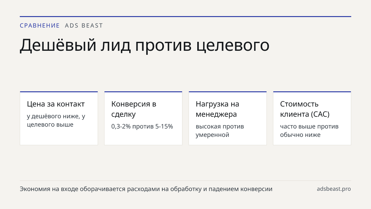 Дешёвый лид против целевого. Цена за контакт: у дешёвого ниже, у целевого выше; Конверсия в сделку: 0,3-2% против 5-15%; Нагрузка на менеджера: высокая против умеренной; Стоимость клиента (CAC): часто выше против обычно ниже