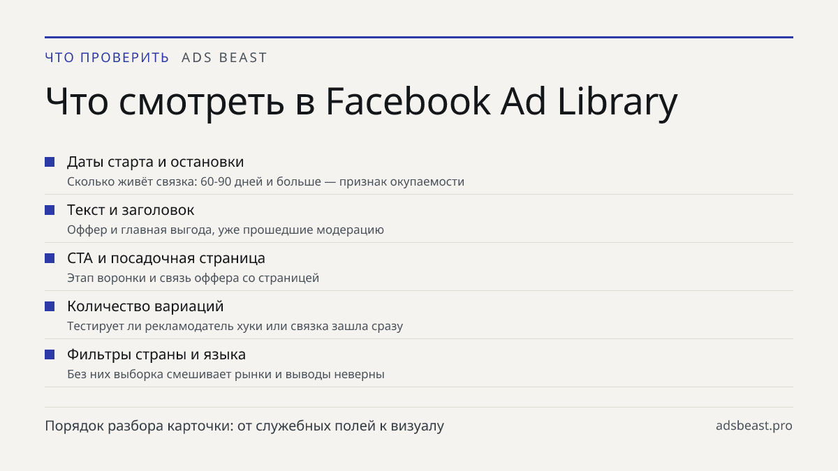 Что смотреть в Facebook Ad Library. Даты старта и остановки: Сколько живёт связка: 60-90 дней и больше — признак окупаемости; Текст и заголовок: Оффер и главная выгода, уже прошедшие модерацию; CTA и посадочная страница: Этап воронки и связь оффера со страницей; Количество вариаций: Тестирует ли рек