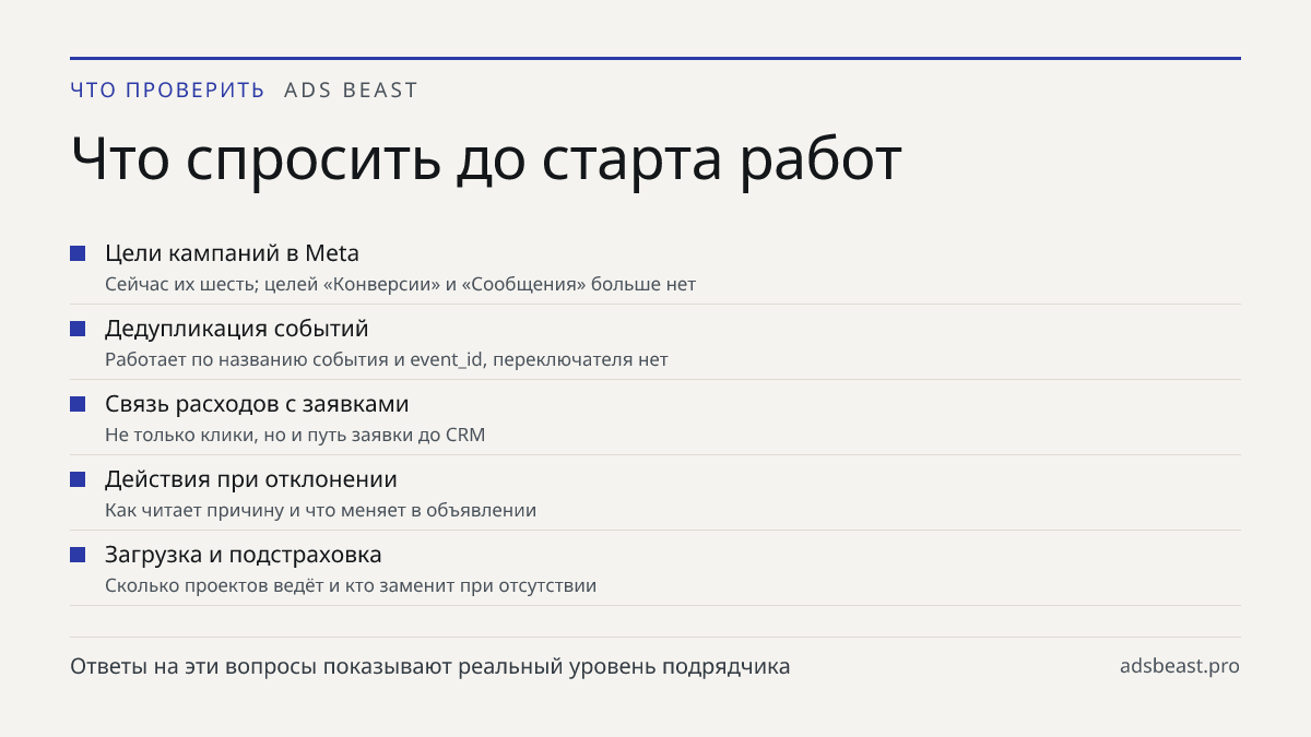 Что спросить до старта работ. Цели кампаний в Meta: Сейчас их шесть; целей «Конверсии» и «Сообщения» больше нет; Дедупликация событий: Работает по названию события и event_id, переключателя нет; Связь расходов с заявками: Не только клики, но и путь заявки до CRM; Действия при отклонении: Как читает 