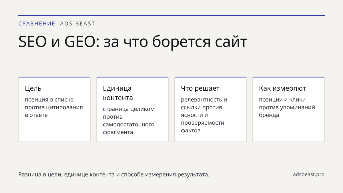 SEO и GEO: за что борется сайт. Цель: позиция в списке против цитирования в ответе; Единица контента: страница целиком против самодостаточного фрагмента; Что решает: релевантность и ссылки против ясности и проверяемости фактов; Как измеряют: позиции и клики против упоминаний бренда