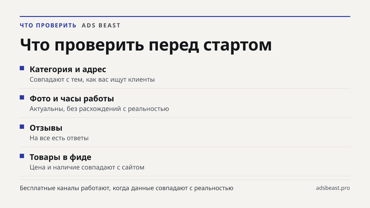 Что проверить перед стартом. Категория и адрес: Совпадают с тем, как вас ищут клиенты; Фото и часы работы: Актуальны, без расхождений с реальностью; Отзывы: На все есть ответы; Товары в фиде: Цена и наличие совпадают с сайтом