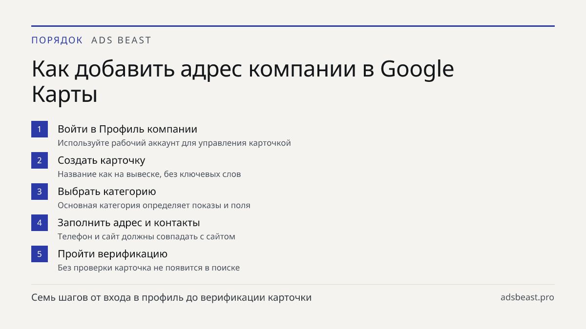 Как добавить адрес компании в Google Карты. Войти в Профиль компании: Используйте рабочий аккаунт для управления карточкой; Создать карточку: Название как на вывеске, без ключевых слов; Выбрать категорию: Основная категория определяет показы и поля; Заполнить адрес и контакты: Телефон и сайт должны 