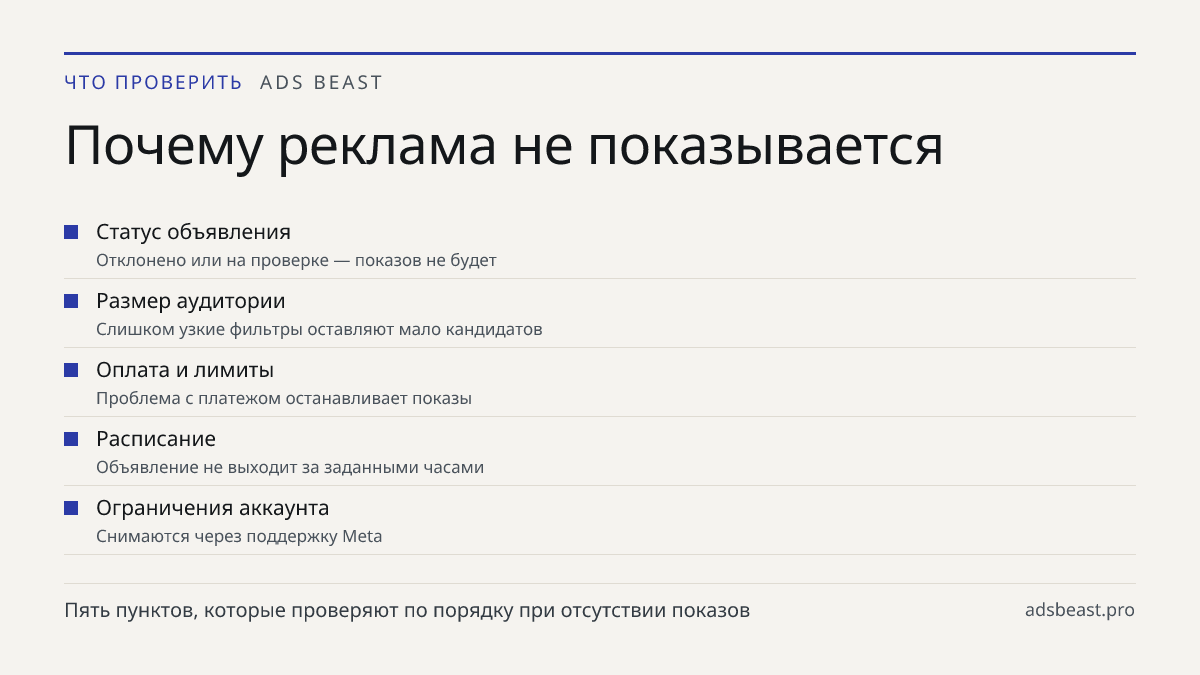 Почему реклама не показывается. Статус объявления: Отклонено или на проверке — показов не будет; Размер аудитории: Слишком узкие фильтры оставляют мало кандидатов; Оплата и лимиты: Проблема с платежом останавливает показы; Расписание: Объявление не выходит за заданными часами; Ограничения аккаунта: 