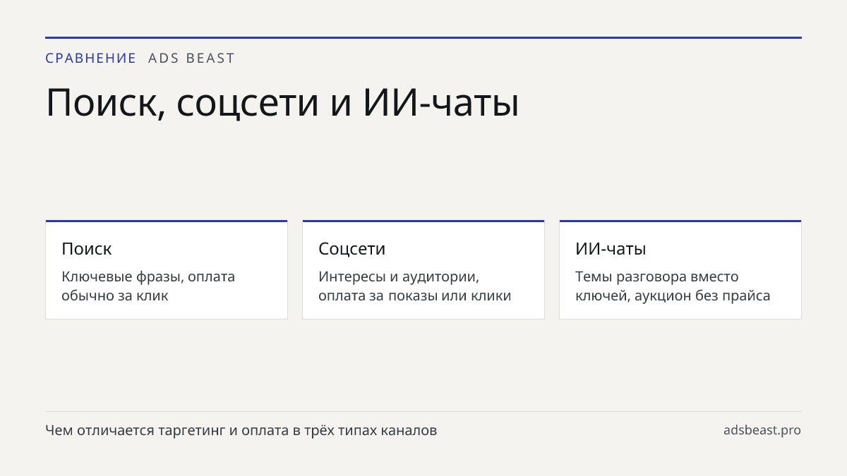 Поиск, соцсети и ИИ-чаты. Поиск: Ключевые фразы, оплата обычно за клик; Соцсети: Интересы и аудитории, оплата за показы или клики; ИИ-чаты: Темы разговора вместо ключей, аукцион без прайса