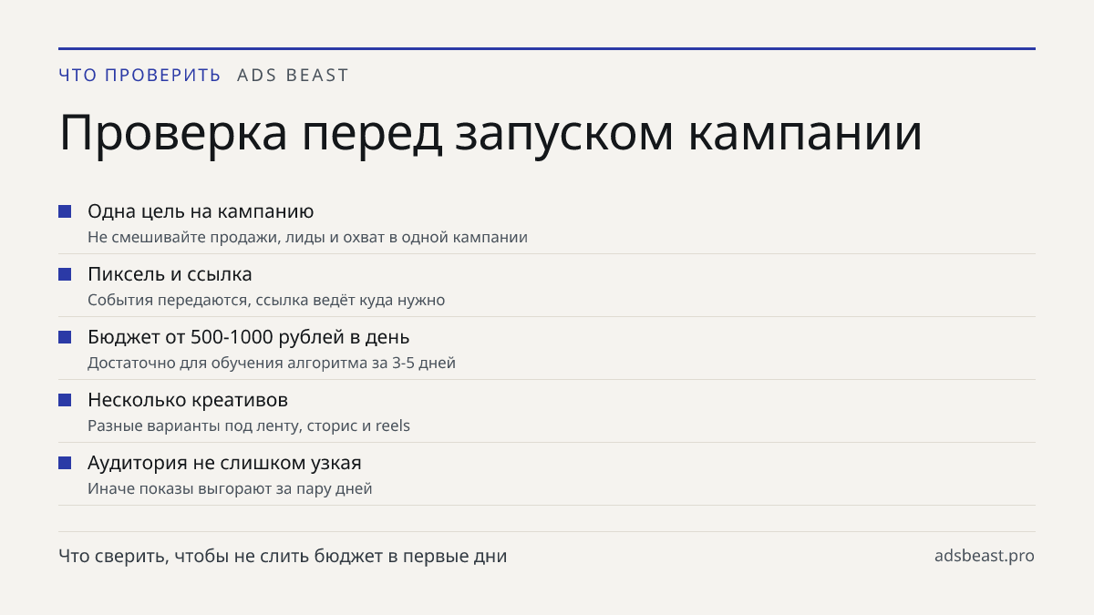 Проверка перед запуском кампании. Одна цель на кампанию: Не смешивайте продажи, лиды и охват в одной кампании; Пиксель и ссылка: События передаются, ссылка ведёт куда нужно; Бюджет от 500-1000 рублей в день: Достаточно для обучения алгоритма за 3-5 дней; Несколько креативов: Разные варианты под лент