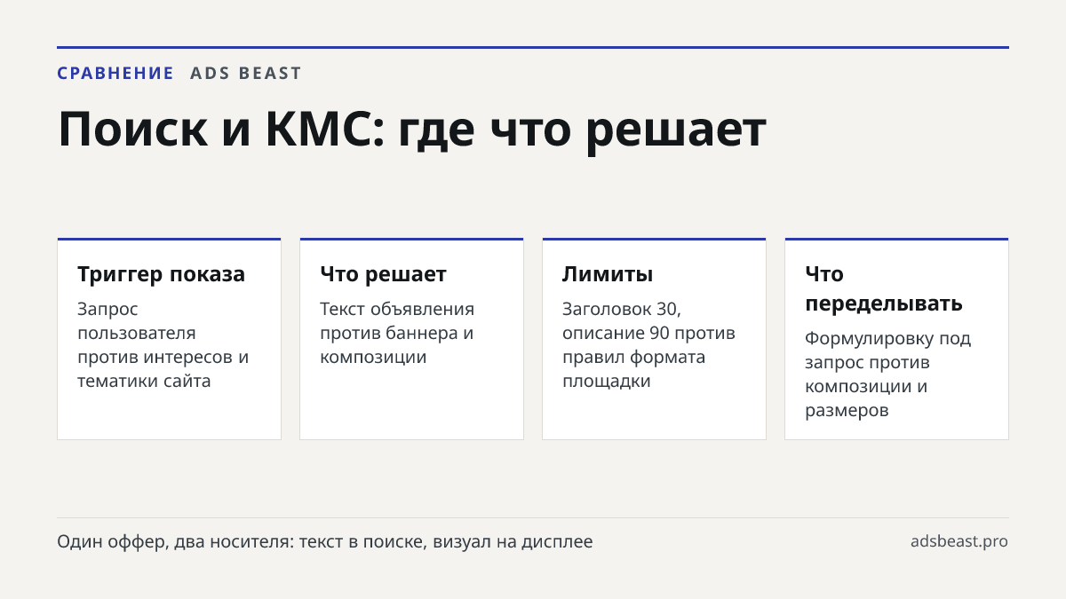 Поиск и КМС: где что решает. Триггер показа: Запрос пользователя против интересов и тематики сайта; Что решает: Текст объявления против баннера и композиции; Лимиты: Заголовок 30, описание 90 против правил формата площадки; Что переделывать: Формулировку под запрос против композиции и размеров