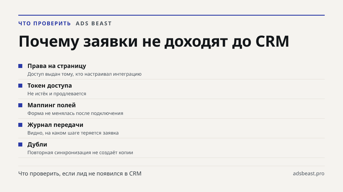 Почему заявки не доходят до CRM. Права на страницу: Доступ выдан тому, кто настраивал интеграцию; Токен доступа: Не истёк и продлевается; Маппинг полей: Форма не менялась после подключения; Журнал передачи: Видно, на каком шаге теряется заявка; Дубли: Повторная синхронизация не создаёт копии