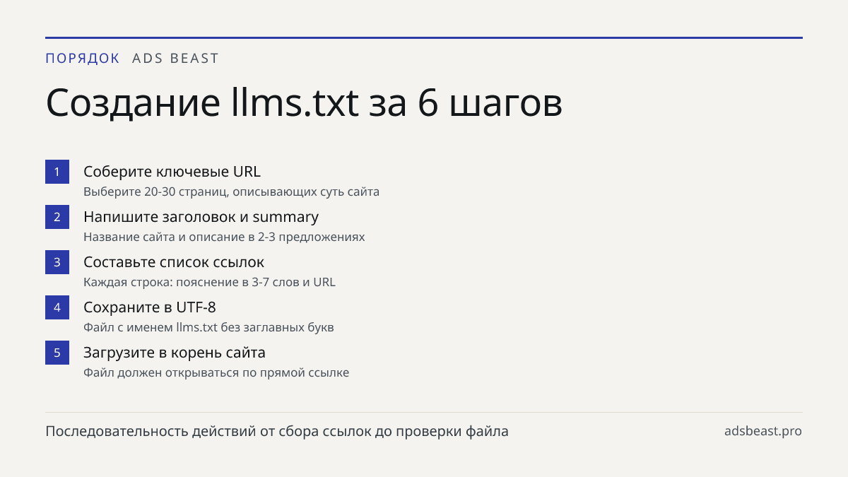 Создание llms.txt за 6 шагов. Соберите ключевые URL: Выберите 20-30 страниц, описывающих суть сайта; Напишите заголовок и summary: Название сайта и описание в 2-3 предложениях; Составьте список ссылок: Каждая строка: пояснение в 3-7 слов и URL; Сохраните в UTF-8: Файл с именем llms.txt без заглавных