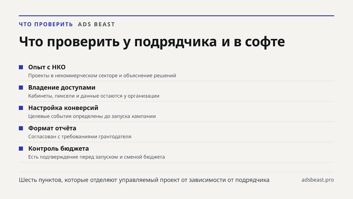 Что проверить у подрядчика и в софте. Опыт с НКО: Проекты в некоммерческом секторе и объяснение решений; Владение доступами: Кабинеты, пиксели и данные остаются у организации; Настройка конверсий: Целевые события определены до запуска кампании; Формат отчёта: Согласован с требованиями грантодателя; 