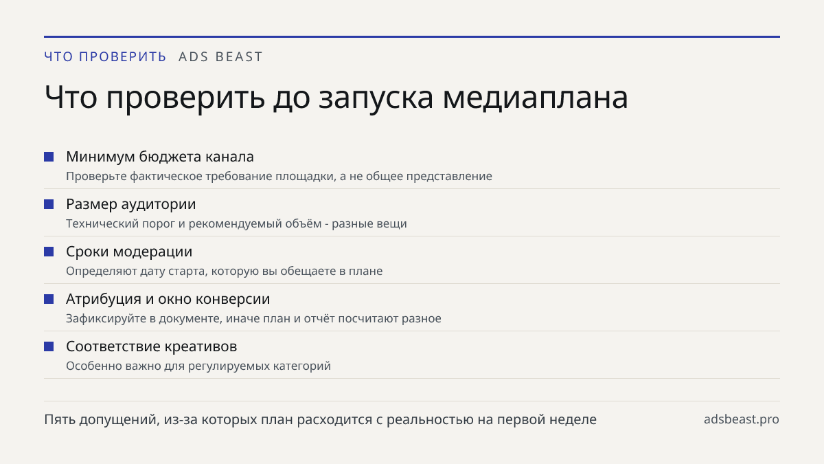 Что проверить до запуска медиаплана. Минимум бюджета канала: Проверьте фактическое требование площадки, а не общее представление; Размер аудитории: Технический порог и рекомендуемый объём - разные вещи; Сроки модерации: Определяют дату старта, которую вы обещаете в плане; Атрибуция и окно конверсии: