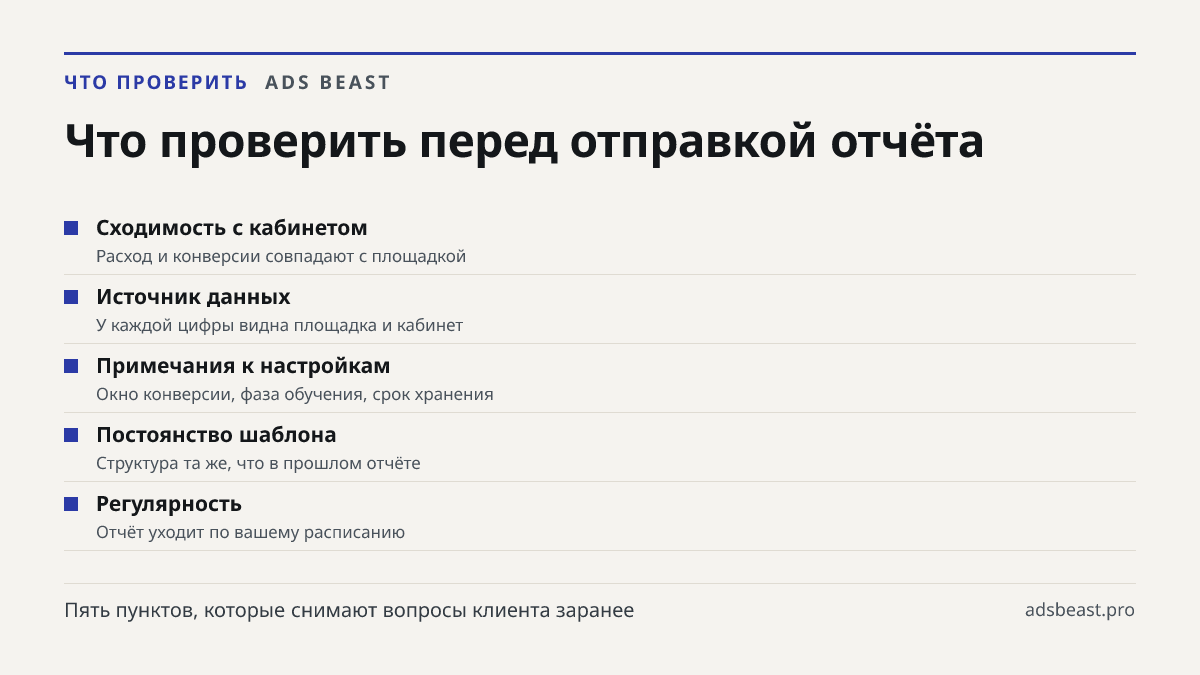 Что проверить перед отправкой отчёта. Сходимость с кабинетом: Расход и конверсии совпадают с площадкой; Источник данных: У каждой цифры видна площадка и кабинет; Примечания к настройкам: Окно конверсии, фаза обучения, срок хранения; Постоянство шаблона: Структура та же, что в прошлом отчёте; Регуляр