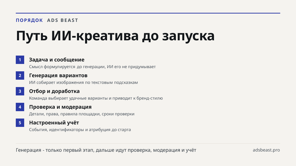Путь ИИ-креатива до запуска. Задача и сообщение: Смысл формулируется до генерации, ИИ его не придумывает; Генерация вариантов: ИИ собирает изображения по текстовым подсказкам; Отбор и доработка: Команда выбирает удачные варианты и приводит к бренд-стилю; Проверка и модерация: Детали, права, правила 