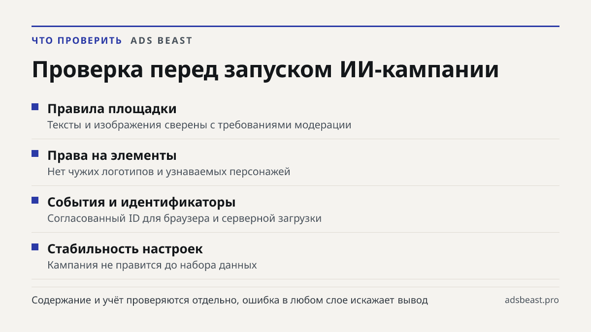 Проверка перед запуском ИИ-кампании. Правила площадки: Тексты и изображения сверены с требованиями модерации; Права на элементы: Нет чужих логотипов и узнаваемых персонажей; События и идентификаторы: Согласованный ID для браузера и серверной загрузки; Стабильность настроек: Кампания не правится до н
