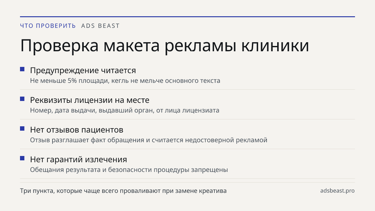 Проверка макета рекламы клиники. Предупреждение читается: Не меньше 5% площади, кегль не мельче основного текста; Реквизиты лицензии на месте: Номер, дата выдачи, выдавший орган, от лица лицензиата; Нет отзывов пациентов: Отзыв разглашает факт обращения и считается недостоверной рекламой; Нет гарант