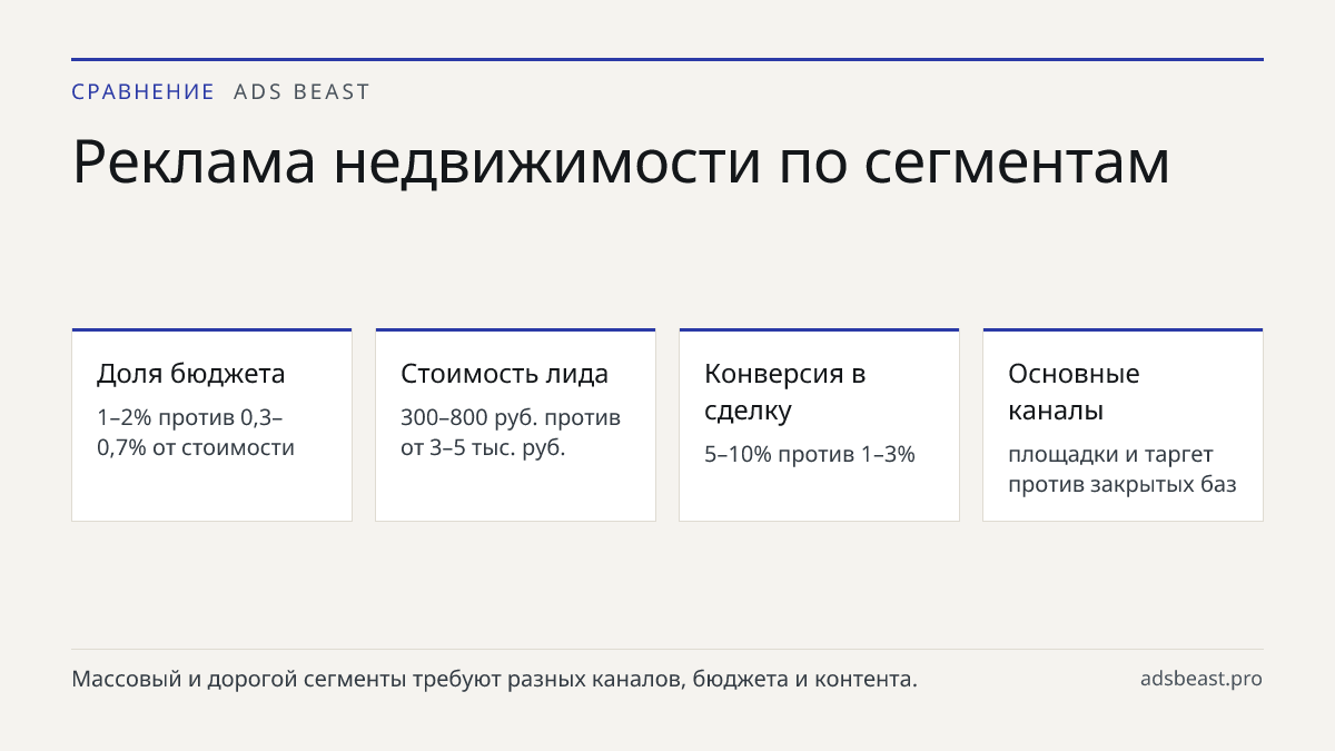 Реклама недвижимости по сегментам. Доля бюджета: 1–2% против 0,3–0,7% от стоимости; Стоимость лида: 300–800 руб. против от 3–5 тыс. руб.; Конверсия в сделку: 5–10% против 1–3%; Основные каналы: площадки и таргет против закрытых баз
