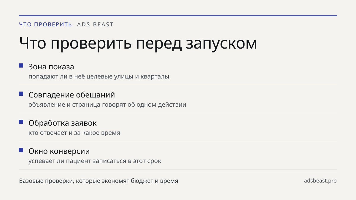 Что проверить перед запуском. Зона показа: попадают ли в неё целевые улицы и кварталы; Совпадение обещаний: объявление и страница говорят об одном действии; Обработка заявок: кто отвечает и за какое время; Окно конверсии: успевает ли пациент записаться в этот срок
