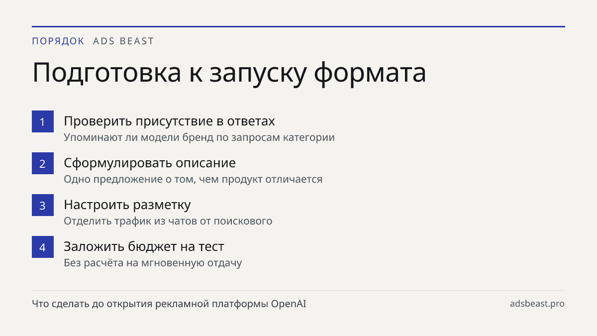Подготовка к запуску формата. Проверить присутствие в ответах: Упоминают ли модели бренд по запросам категории; Сформулировать описание: Одно предложение о том, чем продукт отличается; Настроить разметку: Отделить трафик из чатов от поискового; Заложить бюджет на тест: Без расчёта на мгновенную отда