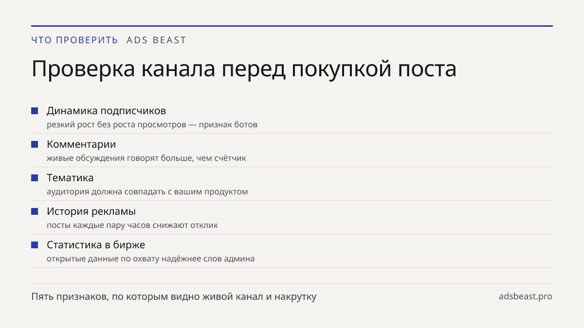 Проверка канала перед покупкой поста. Динамика подписчиков: резкий рост без роста просмотров — признак ботов; Комментарии: живые обсуждения говорят больше, чем счётчик; Тематика: аудитория должна совпадать с вашим продуктом; История рекламы: посты каждые пару часов снижают отклик; Статистика в бирже