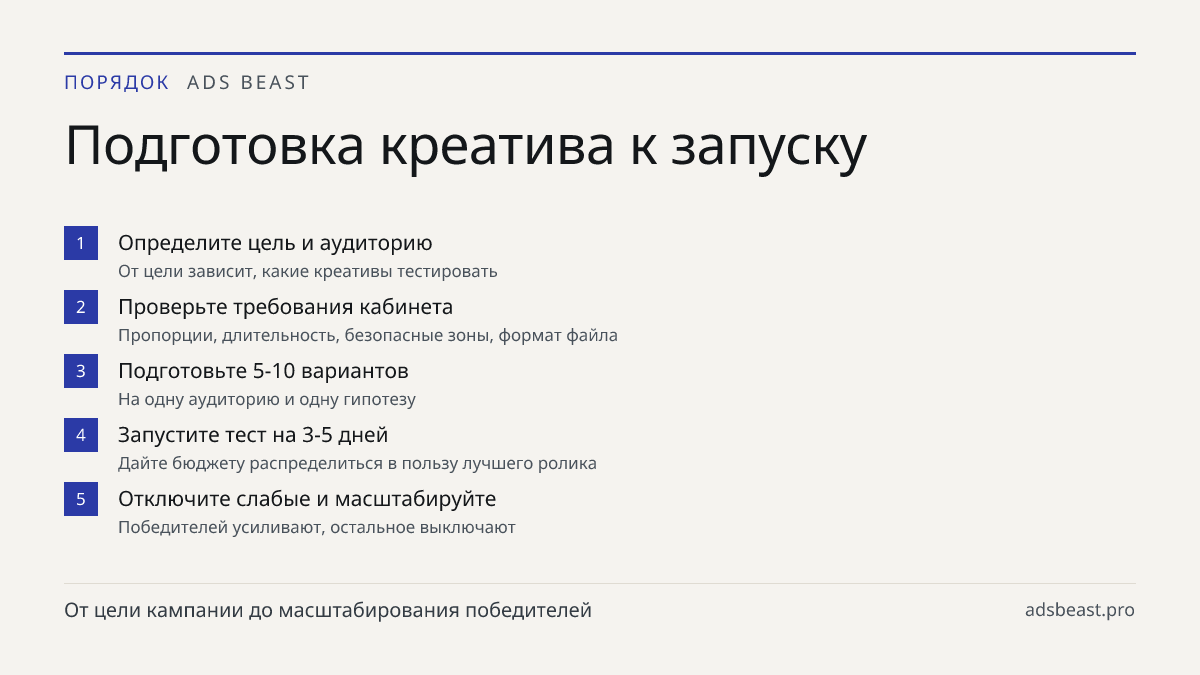 Подготовка креатива к запуску. Определите цель и аудиторию: От цели зависит, какие креативы тестировать; Проверьте требования кабинета: Пропорции, длительность, безопасные зоны, формат файла; Подготовьте 5-10 вариантов: На одну аудиторию и одну гипотезу; Запустите тест на 3-5 дней: Дайте бюджету рас