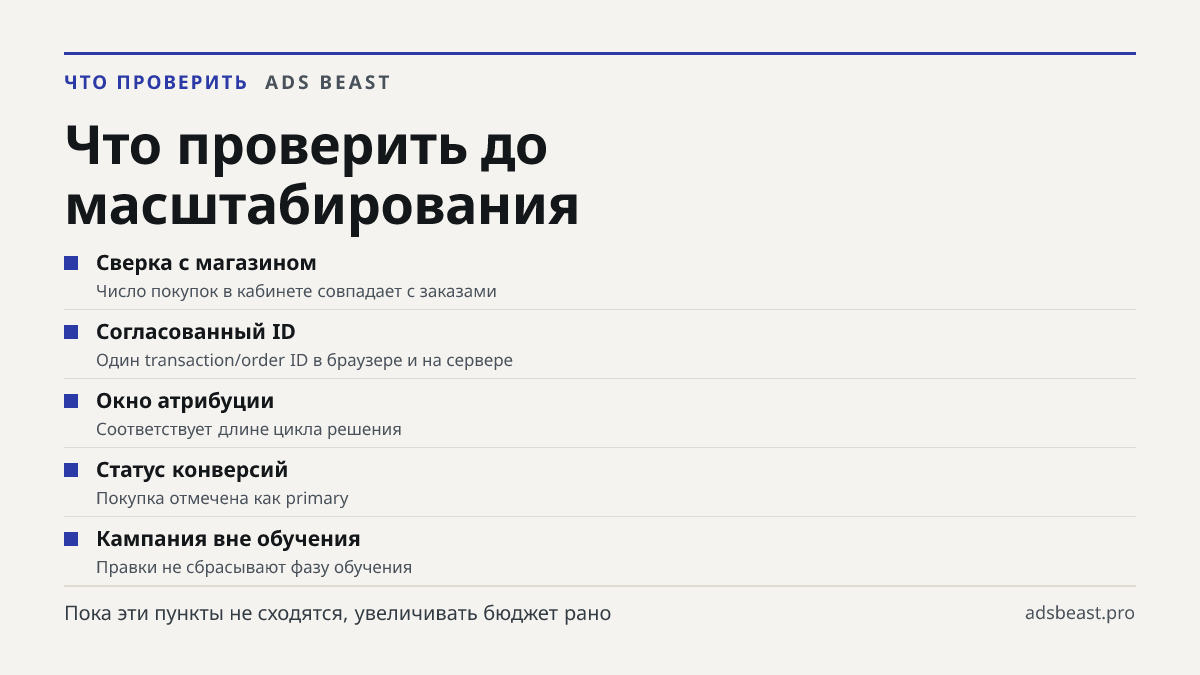 Что проверить до масштабирования. Сверка с магазином: Число покупок в кабинете совпадает с заказами; Согласованный ID: Один transaction/order ID в браузере и на сервере; Окно атрибуции: Соответствует длине цикла решения; Статус конверсий: Покупка отмечена как primary; Кампания вне обучения: Правки н