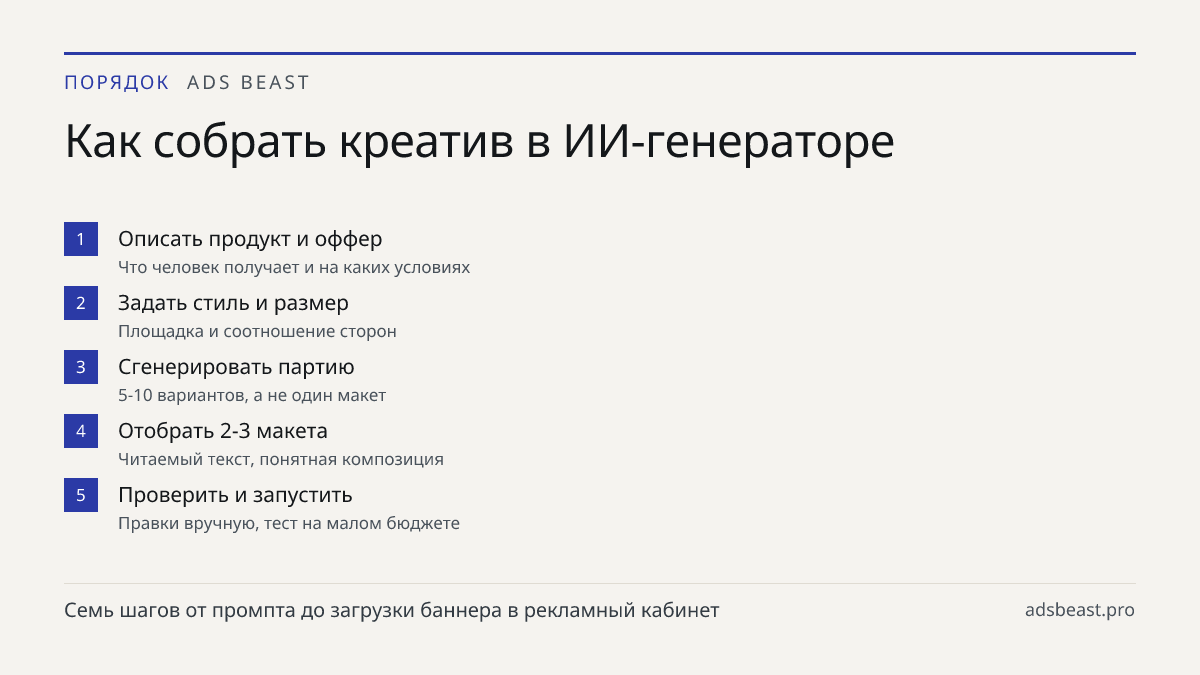 Как собрать креатив в ИИ-генераторе. Описать продукт и оффер: Что человек получает и на каких условиях; Задать стиль и размер: Площадка и соотношение сторон; Сгенерировать партию: 5-10 вариантов, а не один макет; Отобрать 2-3 макета: Читаемый текст, понятная композиция; Проверить и запустить: Правки