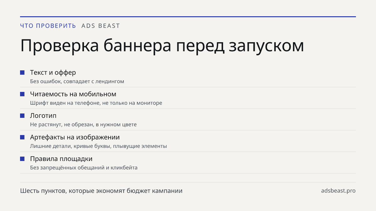 Проверка баннера перед запуском. Текст и оффер: Без ошибок, совпадает с лендингом; Читаемость на мобильном: Шрифт виден на телефоне, не только на мониторе; Логотип: Не растянут, не обрезан, в нужном цвете; Артефакты на изображении: Лишние детали, кривые буквы, плывущие элементы; Правила площадки: Бе