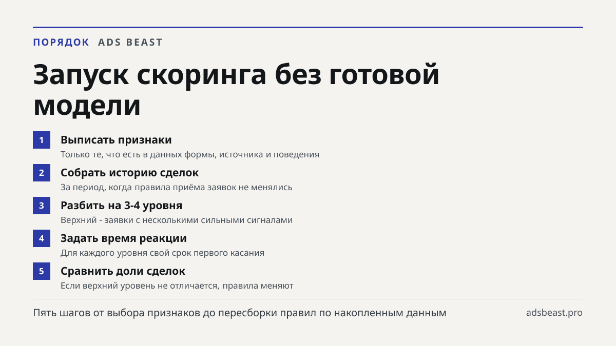 Запуск скоринга без готовой модели. Выписать признаки: Только те, что есть в данных формы, источника и поведения; Собрать историю сделок: За период, когда правила приёма заявок не менялись; Разбить на 3-4 уровня: Верхний - заявки с несколькими сильными сигналами; Задать время реакции: Для каждого ур