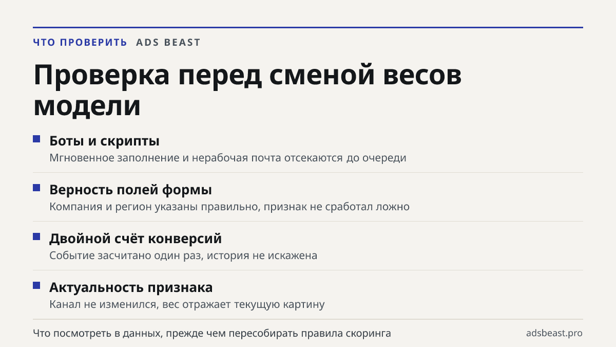 Проверка перед сменой весов модели. Боты и скрипты: Мгновенное заполнение и нерабочая почта отсекаются до очереди; Верность полей формы: Компания и регион указаны правильно, признак не сработал ложно; Двойной счёт конверсий: Событие засчитано один раз, история не искажена; Актуальность признака: Кан