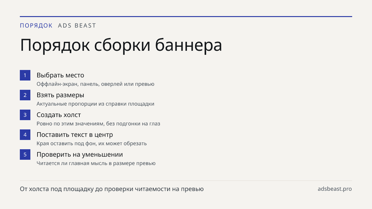 Порядок сборки баннера. Выбрать место: Оффлайн-экран, панель, оверлей или превью; Взять размеры: Актуальные пропорции из справки площадки; Создать холст: Ровно по этим значениям, без подгонки на глаз; Поставить текст в центр: Края оставить под фон, их может обрезать; Проверить на уменьшении: Читаетс