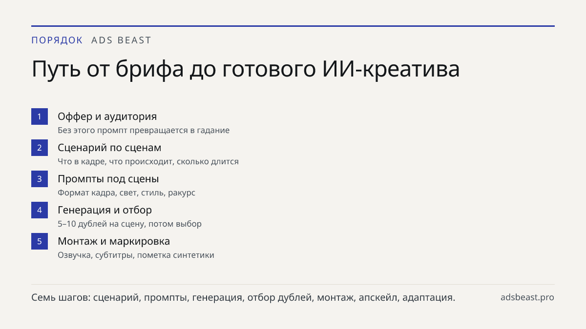 Путь от брифа до готового ИИ-креатива. Оффер и аудитория: Без этого промпт превращается в гадание; Сценарий по сценам: Что в кадре, что происходит, сколько длится; Промпты под сцены: Формат кадра, свет, стиль, ракурс; Генерация и отбор: 5–10 дублей на сцену, потом выбор; Монтаж и маркировка: Озвучка