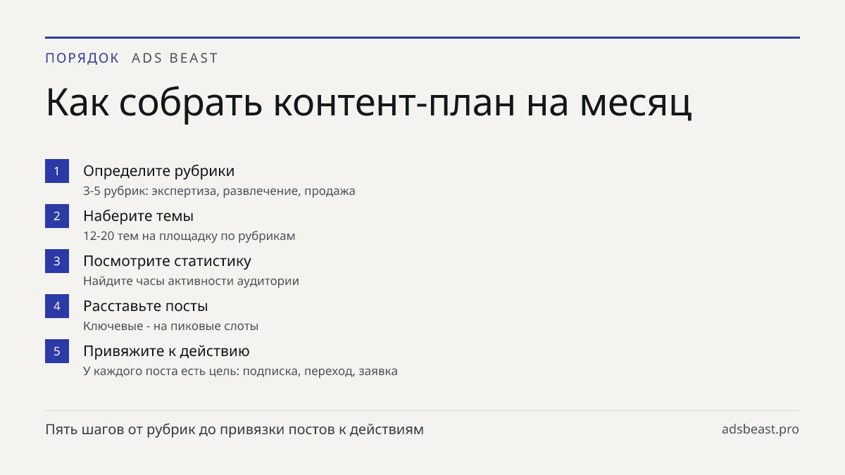 Как собрать контент-план на месяц. Определите рубрики: 3-5 рубрик: экспертиза, развлечение, продажа; Наберите темы: 12-20 тем на площадку по рубрикам; Посмотрите статистику: Найдите часы активности аудитории; Расставьте посты: Ключевые - на пиковые слоты; Привяжите к действию: У каждого поста есть ц