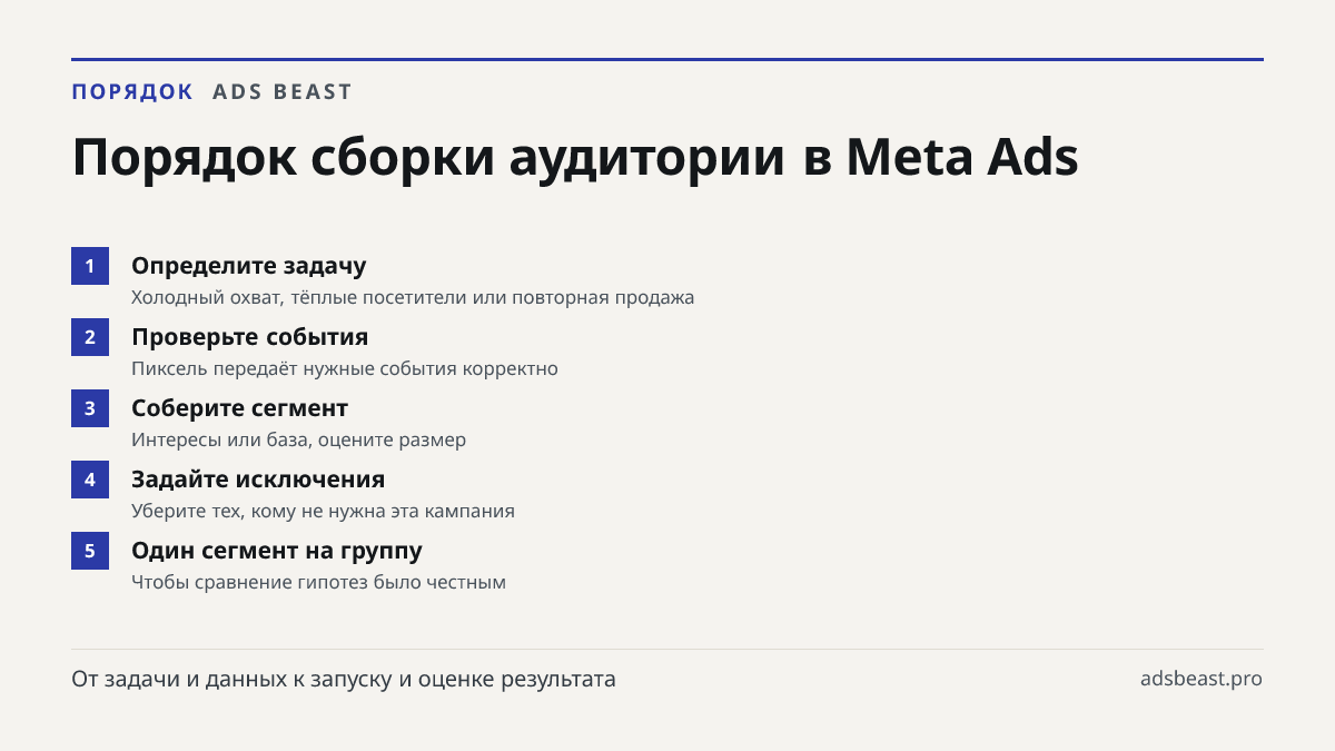 Порядок сборки аудитории в Meta Ads. Определите задачу: Холодный охват, тёплые посетители или повторная продажа; Проверьте события: Пиксель передаёт нужные события корректно; Соберите сегмент: Интересы или база, оцените размер; Задайте исключения: Уберите тех, кому не нужна эта кампания; Один сегмен