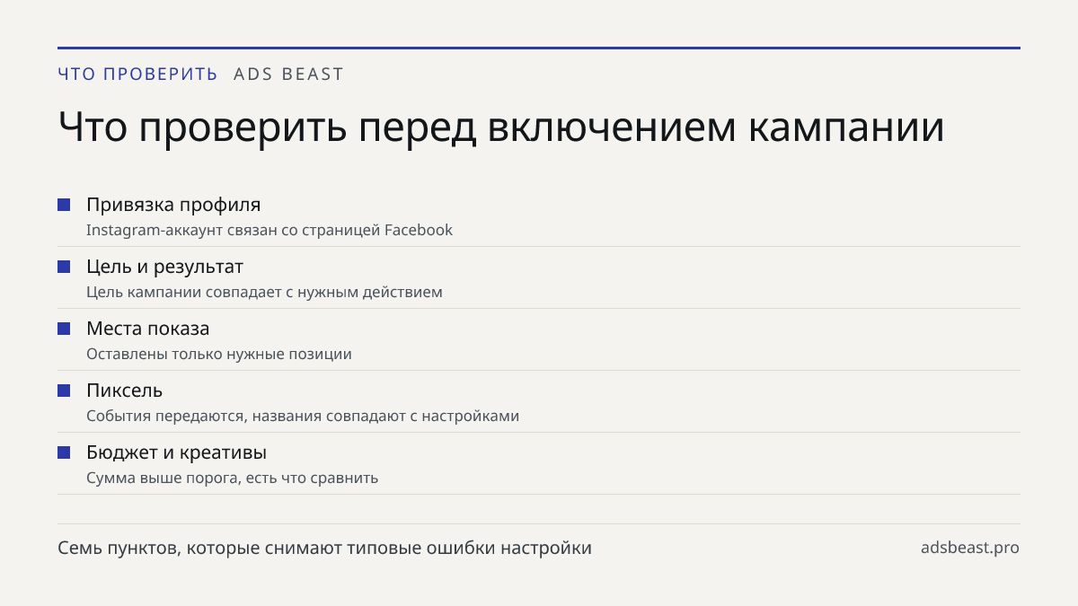Что проверить перед включением кампании. Привязка профиля: Instagram-аккаунт связан со страницей Facebook; Цель и результат: Цель кампании совпадает с нужным действием; Места показа: Оставлены только нужные позиции; Пиксель: События передаются, названия совпадают с настройками; Бюджет и креативы: Су