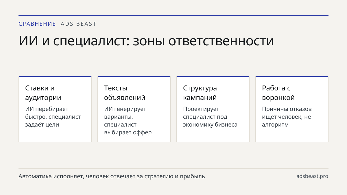 ИИ и специалист: зоны ответственности. Ставки и аудитории: ИИ перебирает быстро, специалист задаёт цели; Тексты объявлений: ИИ генерирует варианты, специалист выбирает оффер; Структура кампаний: Проектирует специалист под экономику бизнеса; Работа с воронкой: Причины отказов ищет человек, не алгорит