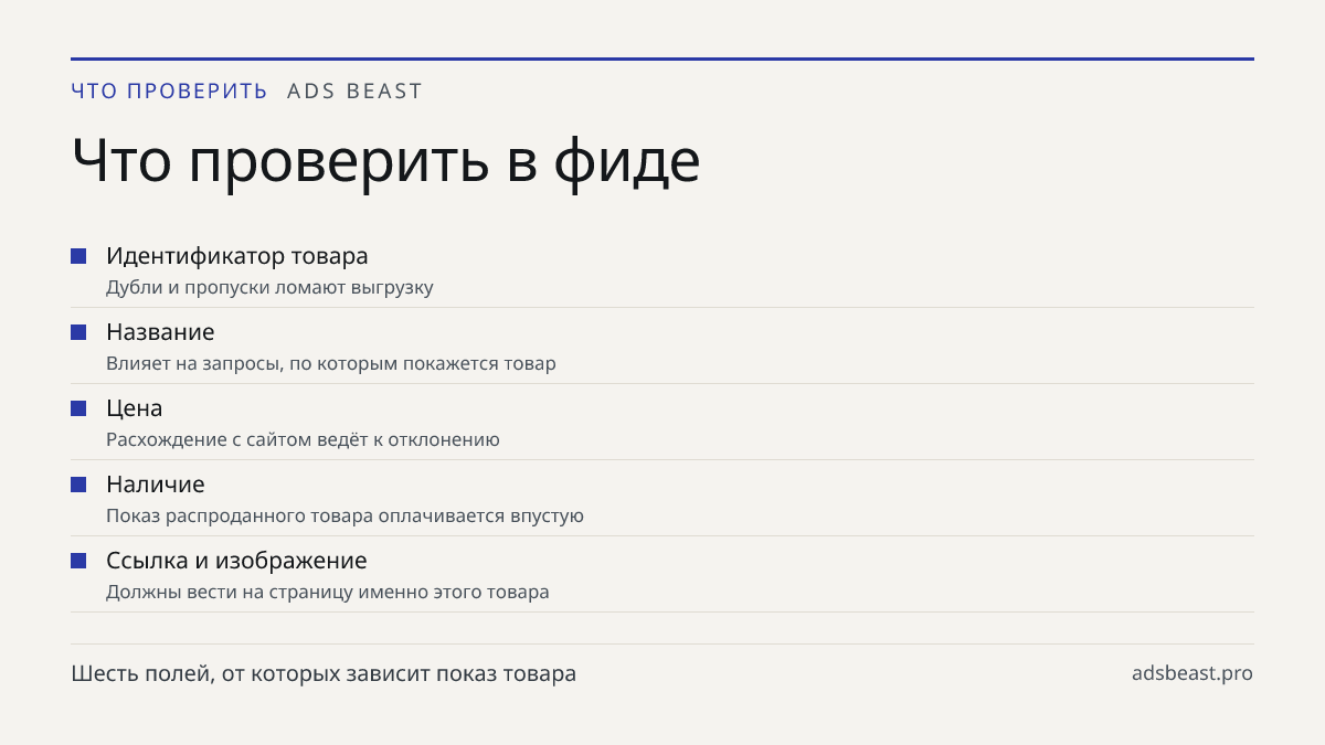 Что проверить в фиде. Идентификатор товара: Дубли и пропуски ломают выгрузку; Название: Влияет на запросы, по которым покажется товар; Цена: Расхождение с сайтом ведёт к отклонению; Наличие: Показ распроданного товара оплачивается впустую; Ссылка и изображение: Должны вести на страницу именно этого 