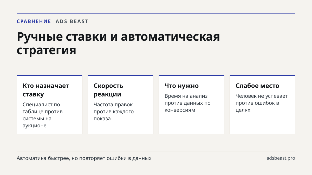 Ручные ставки и автоматическая стратегия. Кто назначает ставку: Специалист по таблице против системы на аукционе; Скорость реакции: Частота правок против каждого показа; Что нужно: Время на анализ против данных по конверсиям; Слабое место: Человек не успевает против ошибок в целях