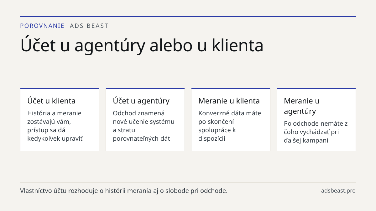 Účet u agentúry alebo u klienta. Účet u klienta: História a meranie zostávajú vám, prístup sa dá kedykoľvek upraviť; Účet u agentúry: Odchod znamená nové učenie systému a stratu porovnateľných dát; Meranie u klienta: Konverzné dáta máte po skončení spolupráce k dispozícii; Meranie u agentúry: Po odc