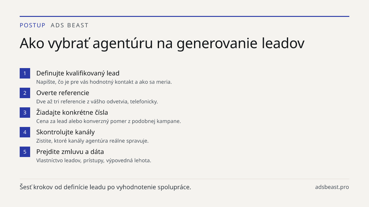 Ako vybrať agentúru na generovanie leadov. Definujte kvalifikovaný lead: Napíšte, čo je pre vás hodnotný kontakt a ako sa meria.; Overte referencie: Dve až tri referencie z vášho odvetvia, telefonicky.; Žiadajte konkrétne čísla: Cena za lead alebo konverzný pomer z podobnej kampane.; Skontrolujte ka