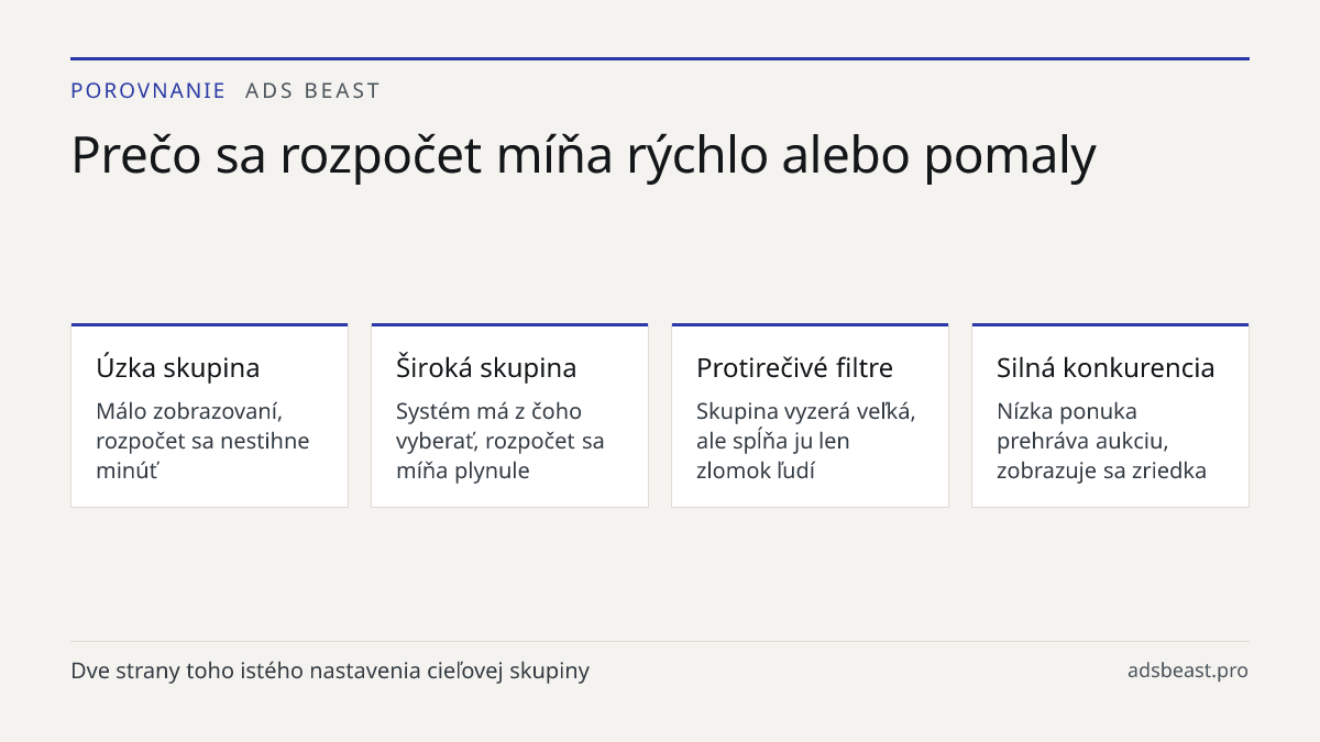 Prečo sa rozpočet míňa rýchlo alebo pomaly. Úzka skupina: Málo zobrazovaní, rozpočet sa nestihne minúť; Široká skupina: Systém má z čoho vyberať, rozpočet sa míňa plynule; Protirečivé filtre: Skupina vyzerá veľká, ale spĺňa ju len zlomok ľudí; Silná konkurencia: Nízka ponuka prehráva aukciu, zobrazu